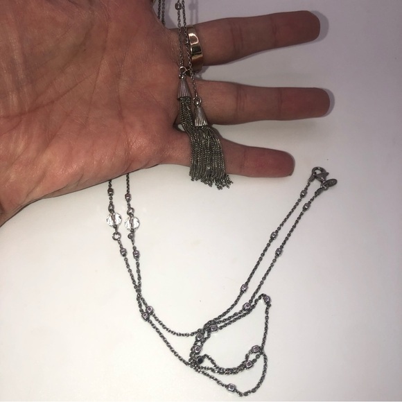 Dyadema Sterling Silver & Crystal Lariat Tassel Chain Super Long 34” + 5” Drop - Picture 7 of 10